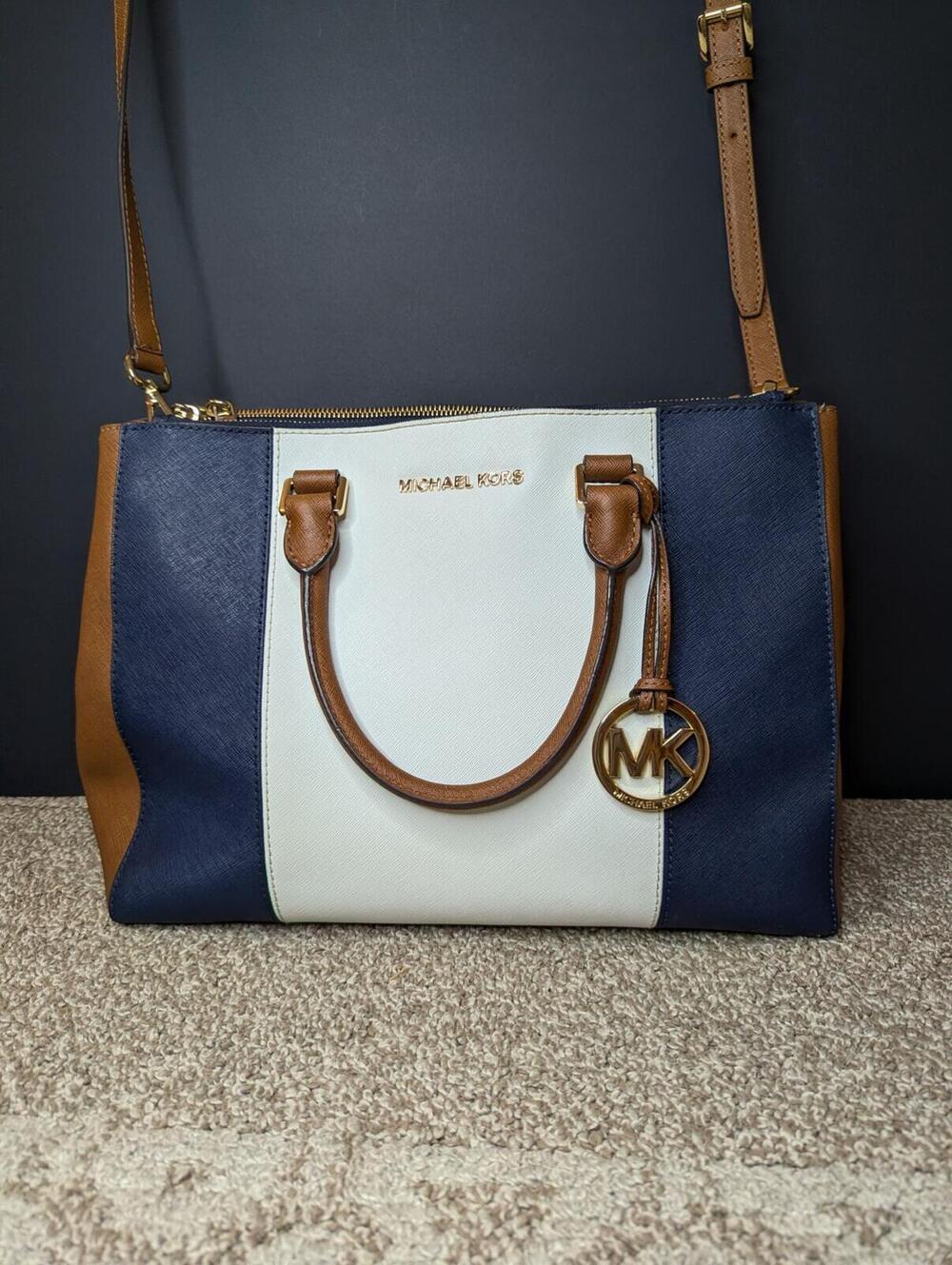 Michael Kors Sutton Center Stripe Satchel Large Saffiano Leather - Blue White